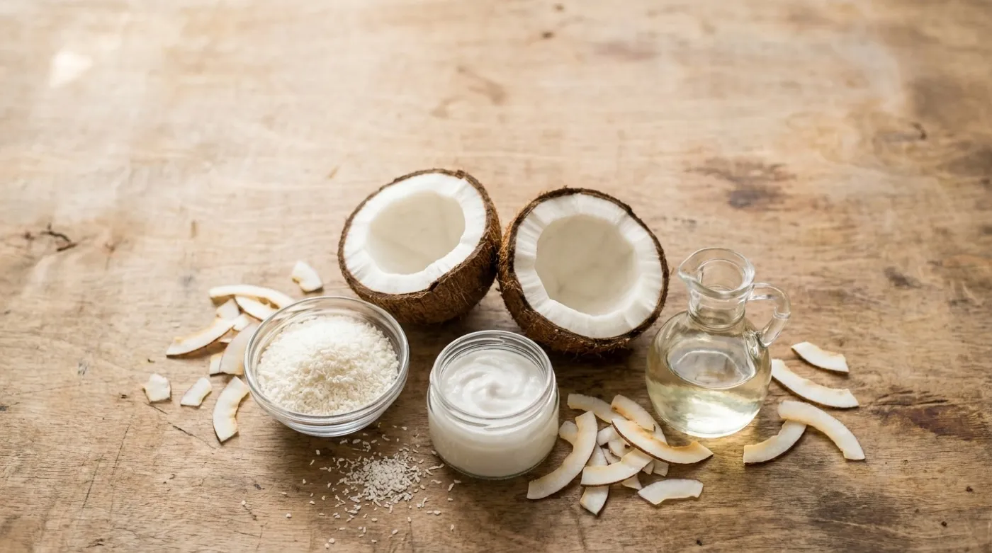 A halved coconut beside its processed forms: desiccated coconut, cream and oil