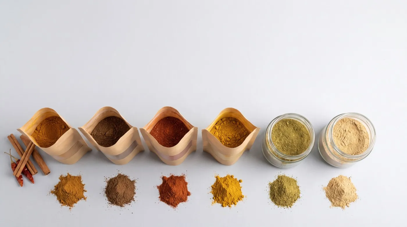 Ceylon spice powders in kraft pouches and glass jars, ready for private-label packing