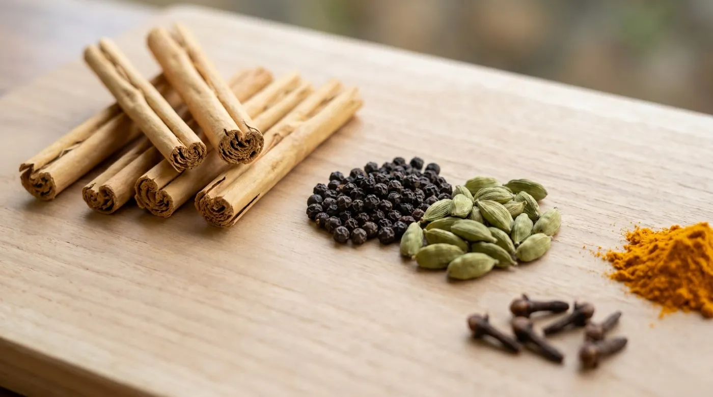 Ceylon spices including pepper, cardamom, clove and cinnamon