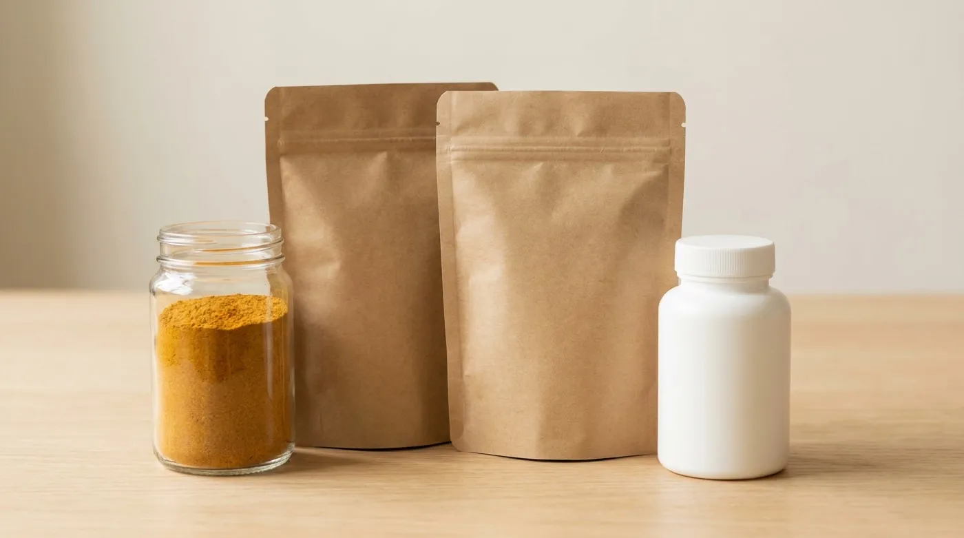 Blank kraft pouches, a supplement bottle and a filled spice jar, the pack formats a private-label run fills and labels